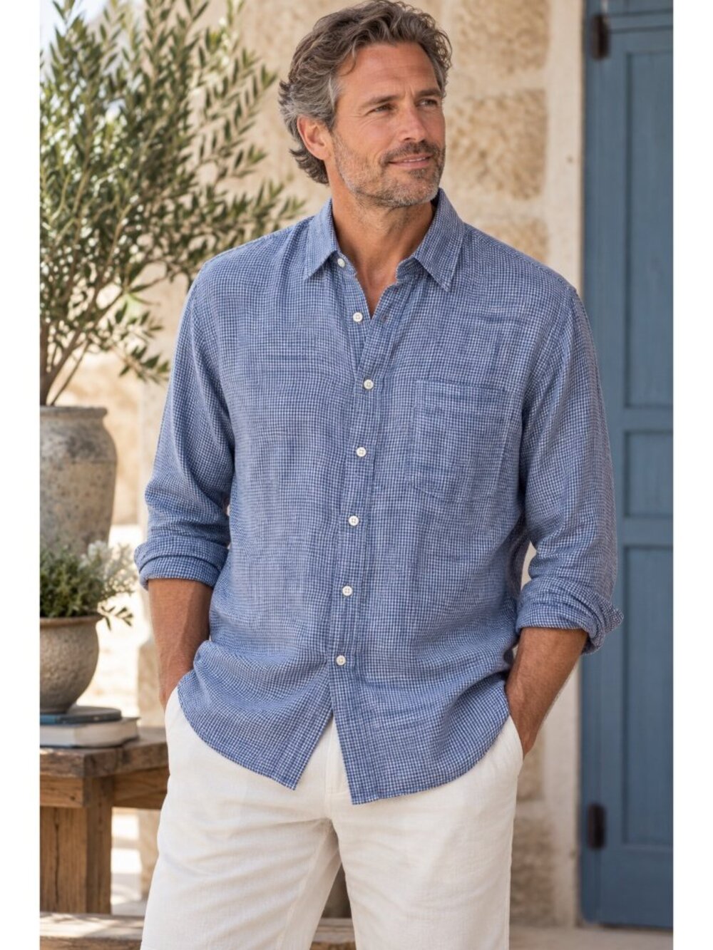 J.Crew Classic Men’s Large 100% Linen Blue Micro Check Button Shirt NWT